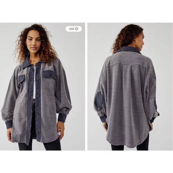 Free People Tops - Free People We the Free Ruby Oversized Shacket Gray S Boho Elbow Patches *READ